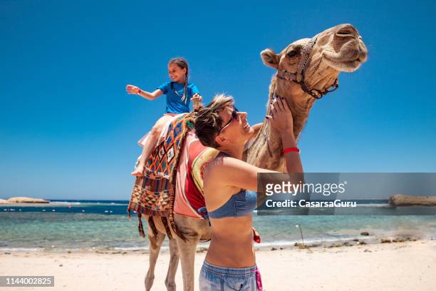 エジプトでの休暇にラクダを使用して楽しんでいる娘と母親 - egyptian culture ストックフォトと画像