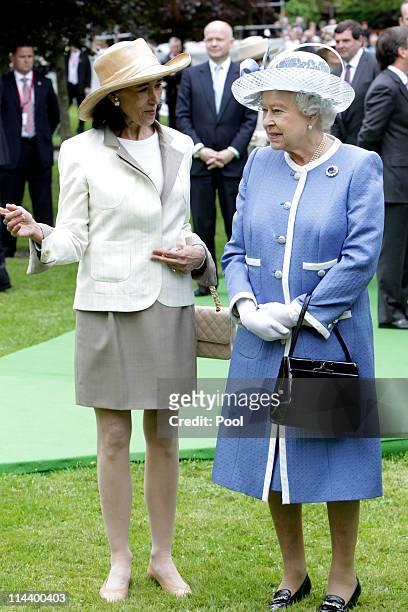 Queen Elizabeth II and Chryss O'Reilly, Chair of the Board of The Irish National Stud, tour the Irish National Stud, during the third day of the...