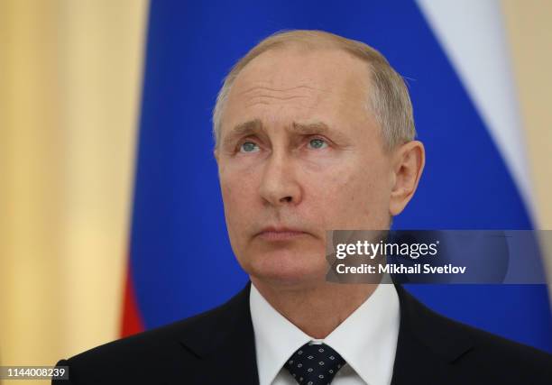 Russian President Vladimir Putin speeches during his joint press conference with Austrian President Alexander Van der Bellen , during their meeting...