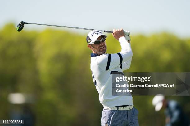 Marty Jertson hits his tee shot on the 10th hole during a practice round for the 101st PGA Championship held at Bethpage Black Golf Course on May 15,...