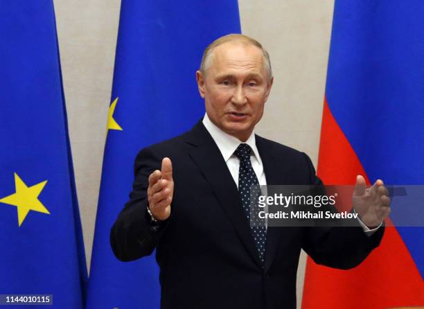 Russian President Vladimir Putin gestures during Russian- Austrian Dialogue Forum at Rus Sanatorium, at Balck Sea resort of Sochi, Russia, May 2019....