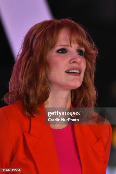 Jessica Chastain speaks during a Fan Event of X-Men: Dark Phoenix at Toreo Parque Central on May 14, 2019 in Mexico City, Mexico