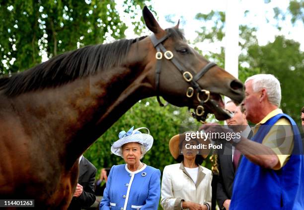 Queen Elizabeth II and Chryss O'Reilly, Chair of the Board of The Irish National Stud, tour the Irish National Stud, during the third day of the...