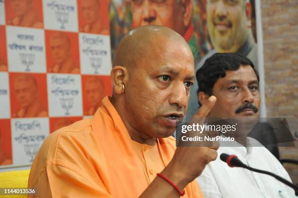 Yogi Adityanath Chief Minister of Utter Pradesh address along Rahul Sinha North Kolkat BJP Candidate at the meet the press During BJP National...