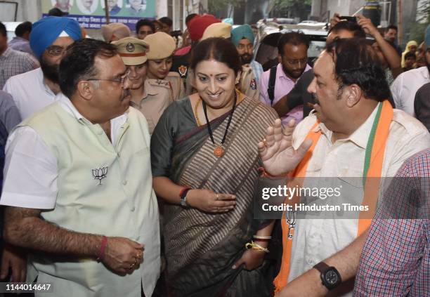 Union Minister and BJP candidate from Amethi constituency Smriti Irani with BJP Punjab president Shwait Malik and BJP National secretary Tarun Chugh...