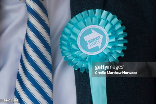 Close-up of a Brexit Party rosette as leader of the Brexit Party Nigel Farage holds a rally at Trago Mills on May 15, 2019 in Merthyr Tydfil, Wales....