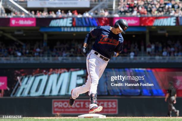 Jason Castro of the Minnesota Twins rounds the bases after hitting a two-run home run against the Los Angeles Angels during the sixth inning of the...