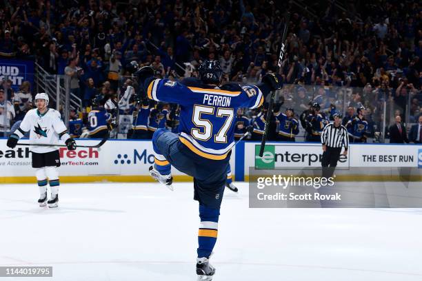 David Perron of the St. Louis Blues celebrates his goal against the San Jose Sharks in Game Three of the Western Conference Final during the 2019 NHL...