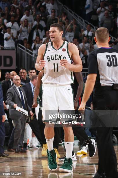 Brook Lopez of the Milwaukee Bucks smiles during a game against the Toronto Raptors during Game One of the Eastern Conference Finals of the 2019 NBA...
