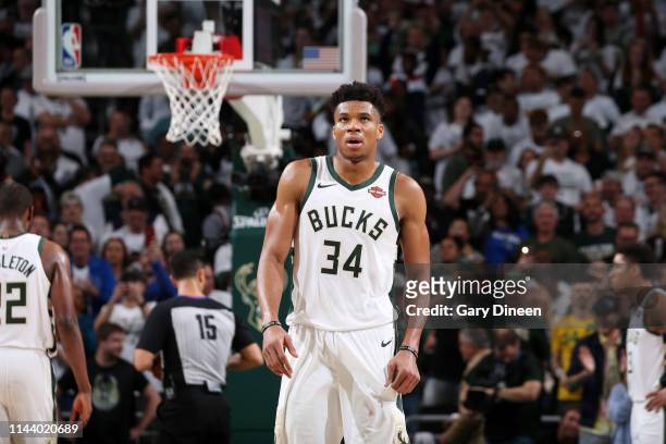 Giannis Antetokounmpo of the Milwaukee Bucks looks on during a game against the Toronto Raptors during Game One of the Eastern Conference Finals of...