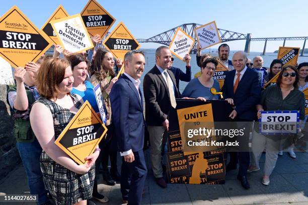 Liberal Democrat leader Vince Cable and senior Scottish Liberal Democrat MSP Alex Cole-Hamilton unveil a new European election poster in front of the...