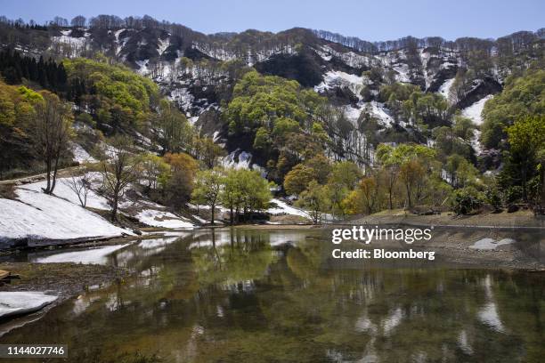 Trees and snow are reflected on a river in a mountainous area in Yuzawa, Niigata Prefecture, Japan, on Tuesday, May. 7, 2019. For Japans growing...