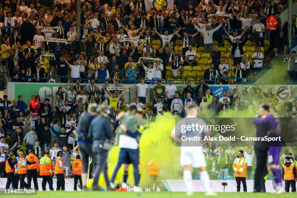 Leeds United fans cheer their side after the final whistle during the Sky Bet Championship Play-off Second Leg match between Leeds United and Derby...