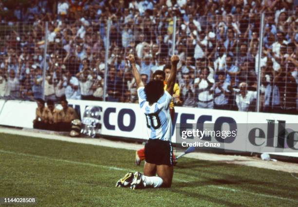 Diego Maradona of Argentina celebrates during the match to World Cup 1982 between Argentina and Hungary, on June 18th in Allicante, in Spain.