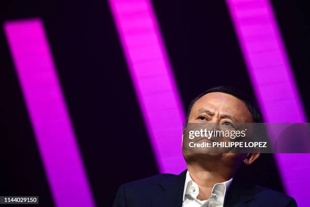 Jack Ma, CEO of Chinese e-commerce giant Alibaba, speaks during his visit at the Vivatech startups and innovation fair, in Paris on May 16, 2019.