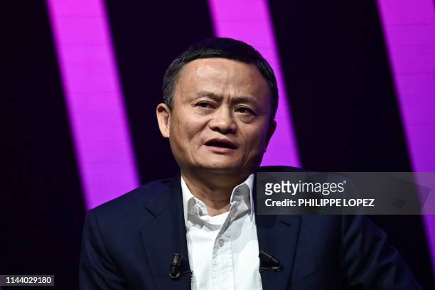 Jack Ma, CEO of Chinese e-commerce giant Alibaba, speaks during his visit at the Vivatech startups and innovation fair, in Paris on May 16, 2019.