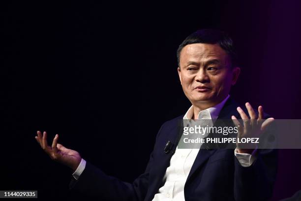 Jack Ma, CEO of Chinese e-commerce giant Alibaba, gestures as he speaks during his visit at the Vivatech startups and innovation fair, in Paris on...