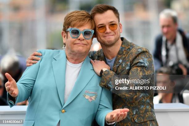 British singer-songwriter Elton John and British actor Taron Egerton pose during a photocall for the film "Rocketman" at the 72nd edition of the...