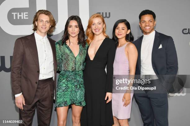 Alex Saxon, Maddison Jaizani, Kennedy McMann, Leah Lewis, and Tunji Kasim of "Nancy Drew" attends the 2019 CW Network Upfront at New York City Center...
