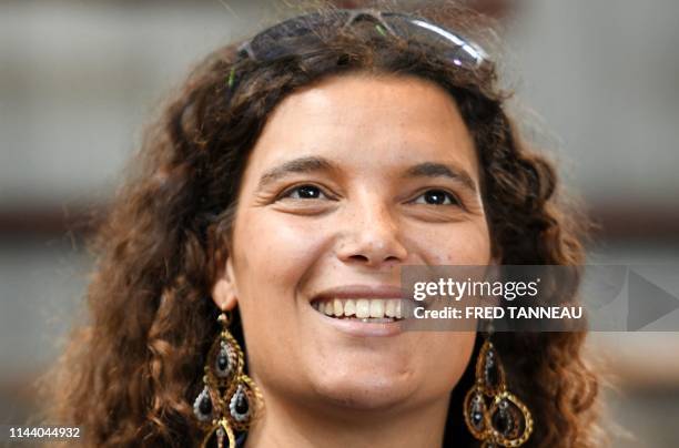 Marie Tabarly , the daughter of French international skipper Eric Tabarly looks over during her visit to the Le Chantier du Guip's shipyard in Brest,...