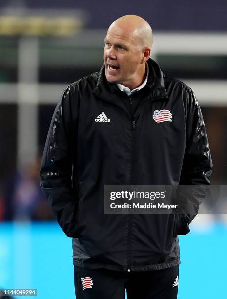 New England Revolution head coach Brad Friedel looks on during the second half of the game at Gillette Stadium on April 20, 2019 in Foxborough,...