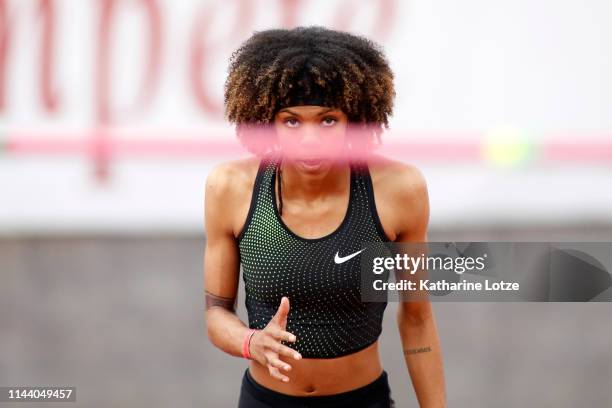 Vashti Cunningham of Nike warms up for the women's high jump on the second day of the 61st Mt. SAC Relays at Murdock Stadium at El Camino College on...