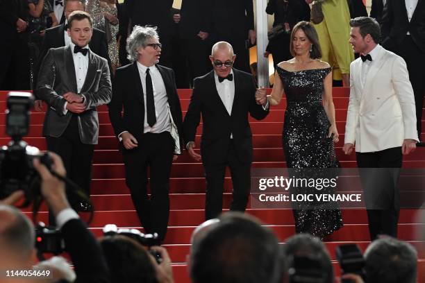 British actor Taron Egerton, British director Dexter Fletcher, British songwriter Bernie Taupin, his partner Heather Lynn Hodgins Kidd and British...