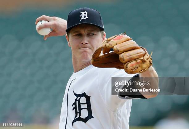 Infielder Brandon Dixon of the Detroit Tigers pitches against the Oakland Athletics during the ninth inning at Comerica Park on May 16, 2019 in...