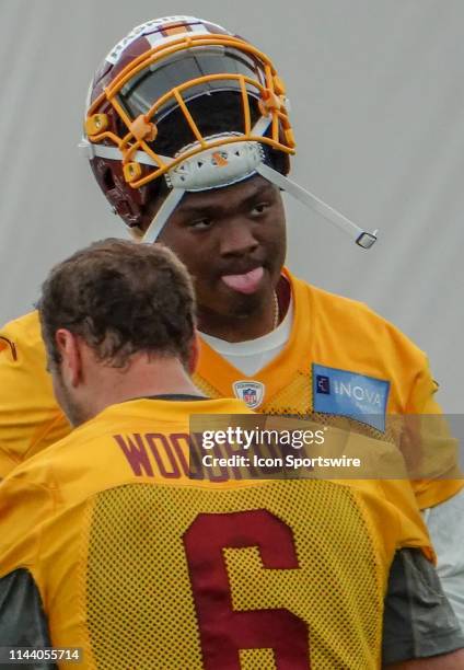 Washington Redskins quarterback Dwayne Haskins and Washington Redskins quarterback Josh Woodrum at the Redskins Rookie Mini Camp, on May 11 at Inova...