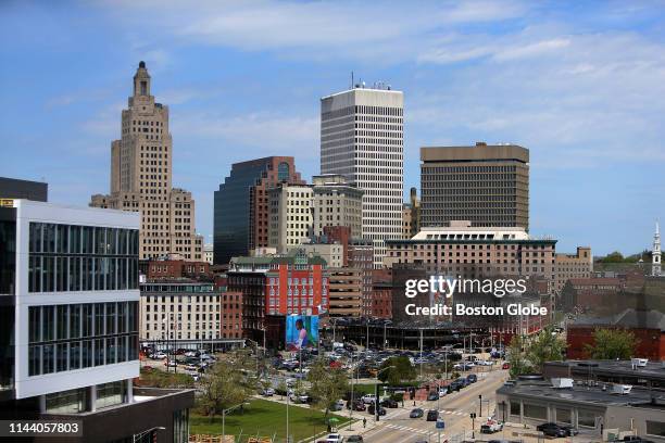 The Providence, RI skyline, with the iconic "Superman Building" at left, is pictured on May 7, 2019.