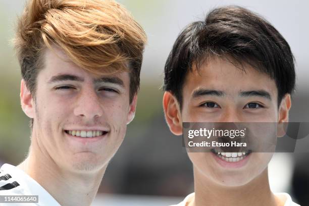 Jaime Calleja Sanchez and Takuhiro Nakai of Real Madrid look on after the U16 Kirin Lemon Cup semi final between Real Madrid and JEF United Chiba at...