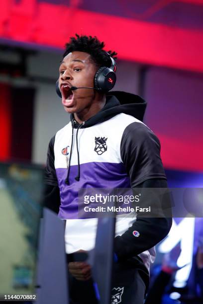 BalllLikeSeem of Kings Guard Gaming reacts to a play during the game against Bucks Gaming during Week 5 of the NBA 2K League regular season on May...
