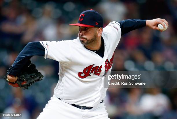 Oliver Perez of the Cleveland Indians pitches against the Baltimore Orioles during the ninth inning at Progressive Field on May 16, 2019 in...