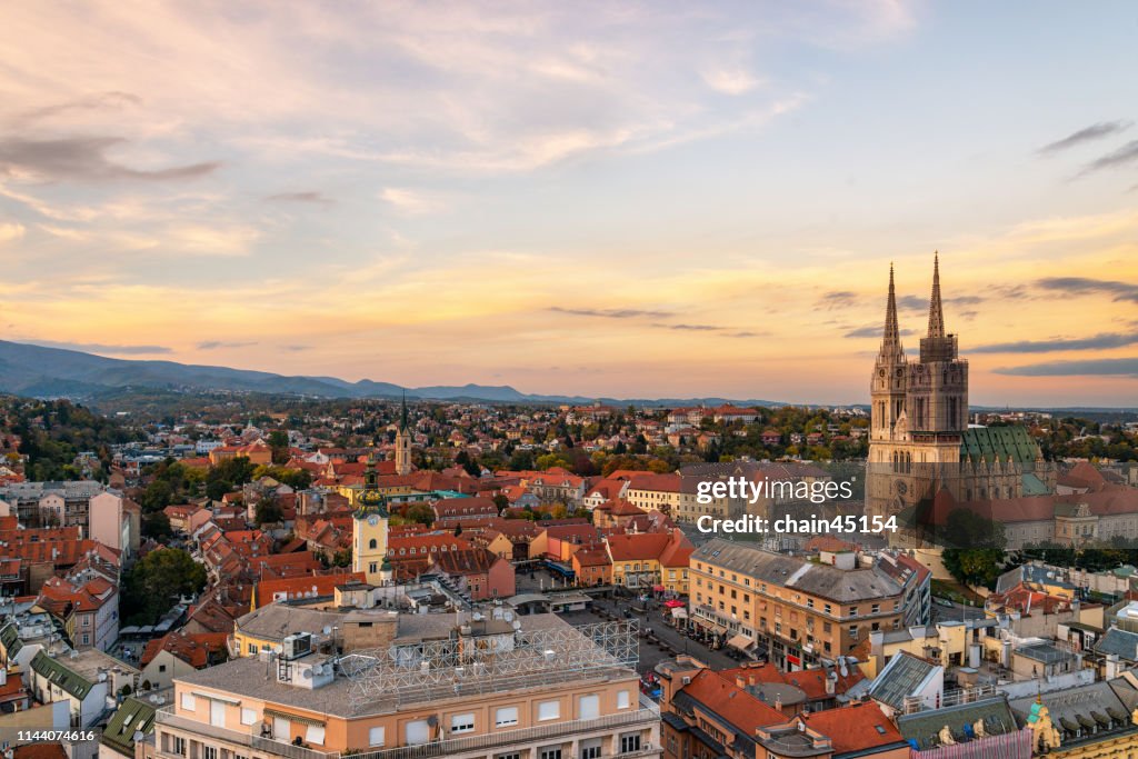 The beautiful church with the old buildings in small town in Zagreb city of Croatia.