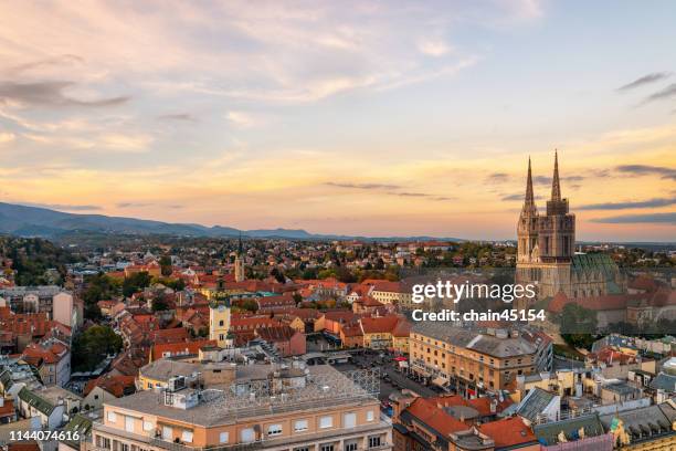 the beautiful church with the old buildings in small town in zagreb city of croatia. - zagreb street stock pictures, royalty-free photos & images