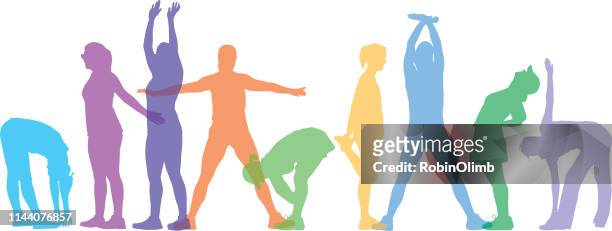 pastel colorful women stretching - healthy lifestyle stock illustrations