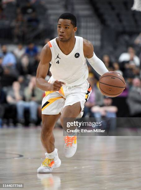 Cassius Stanley brings the ball up the court during the Jordan Brand Classic boys high school all-star basketball game at T-Mobile Arena on April 20,...