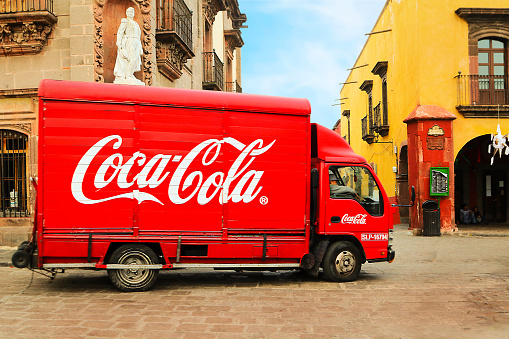 Mexico, San Miguel de Allende, Old Town - January 02, 2019: Coca Cola truck on the street of the historic center.