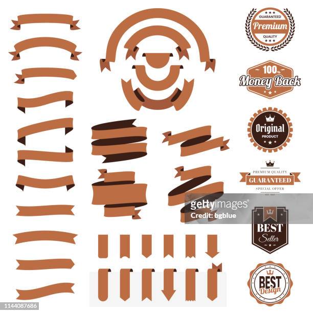 set of brown ribbons, banners, badges, labels - design elements on white background - ribbon sewing item stock illustrations
