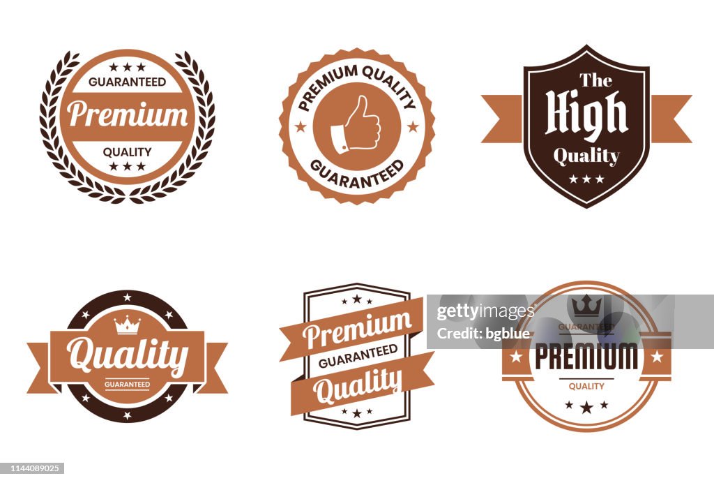 Uppsättning av "kvalitet" Brown emblem och etiketter-design Elements