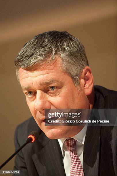 Italian designer Paolo Pininfarina talks during a press conference prior the opening of the exhibition 'Il Palazzo della Farnesina e le sue...