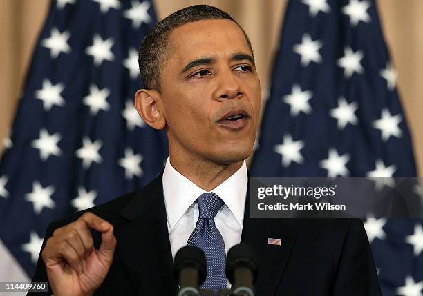 President Barack Obama speaks at the State Department on May 19, 2011 in Washington, DC. President Obama spoke about U.S. Policy regarding the Middle...