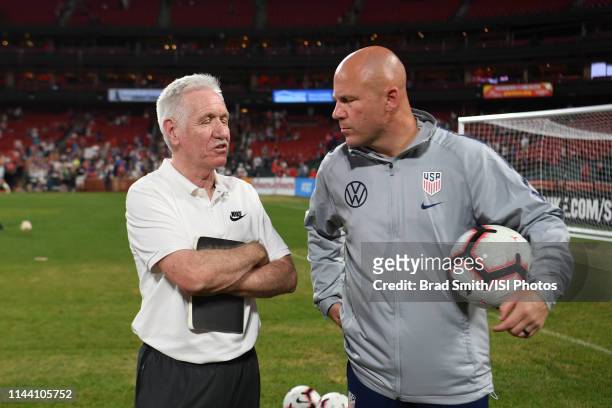 New Zealand head coach Tom Sermanni and United States goalkeeper coach Graeme Abel after an international friendly between the women's national teams...