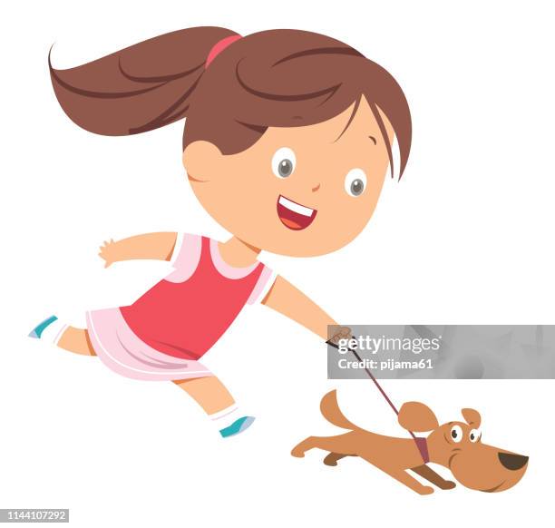 girl walking with dog - dog white background stock illustrations