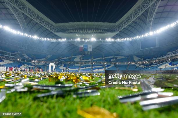 The Al Wakrah Stadium, a 2022 World Cup venue, seen with confetti on the pitch after Al Duhail celebrated winning the Amir Cup, Doha, Qatar on 16,...