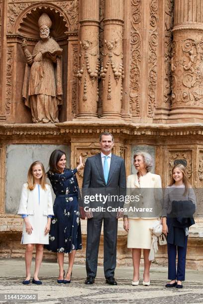 Princess Leonor of Spain, Queen Letizia of Spain, King Felipe VI of Spain, Queen Sofia and Princess Sofia of Spain attend the Easter Mass at the...