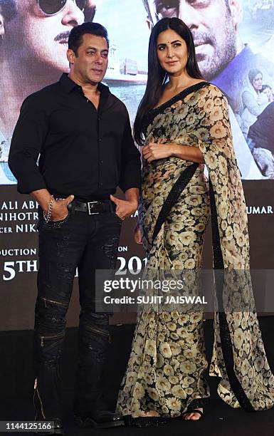 Indian Bollywood actor Salman Khan and actress Katrina Kaif pose for photographs during the launch of their upcoming Hindi film ''Bharat' in Mumbai...