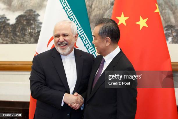 Chinese Foreign Minister Wang Yi meets Iranian Foreign Minister Mohammad Javad Zarif at Diaoyutai State Guesthouse on May 17, 2019 in Beijing, China.