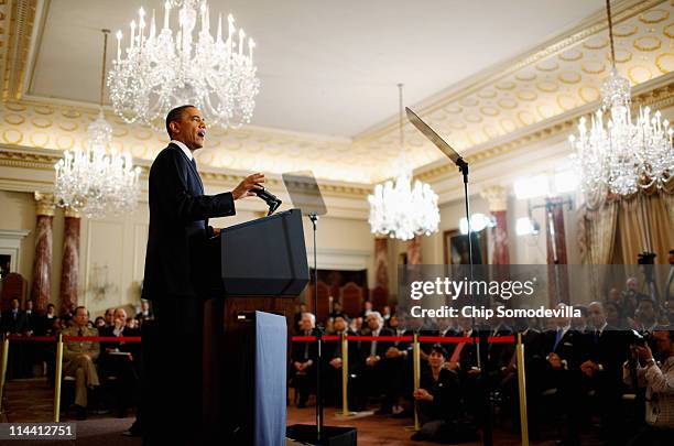 President Barack Obama delivers a speech on Mideast and North Africa policy in the Ben Franklin Room at the State Department May 19, 2011 in...