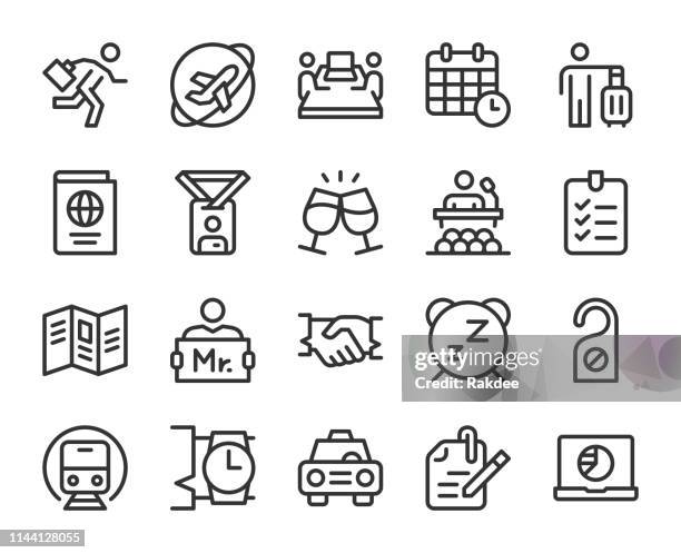 ilustraciones, imágenes clip art, dibujos animados e iconos de stock de viaje de negocios-iconos de línea - visita